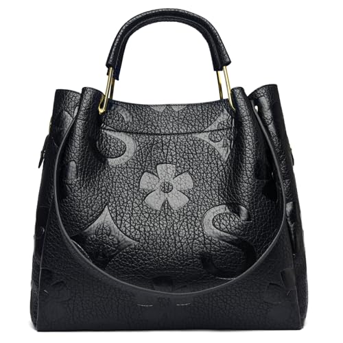 Image of Travistar Floral Handbags Purses Women - Embossed Vegan Leather Top Handle Handbag Set Large Shoulder Bag Ladies Bucket Tote