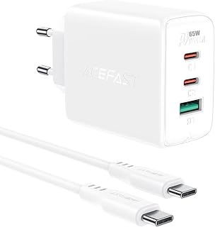 ACEFAST A13 - PD65W 3-Port Fast Charger, Set With Type-C To Type-C Cable (65W - 3A - 5V), Support PD20W, PPS, QC3.0 / QC2.0, AFC, FCP, Compatible with iPhone, Samsung, Xiaomi, Huawei, Oppo - White