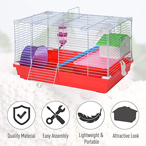 PawHut Hamster Cage, Small Gerbil Cage 2 Tiers Portable w/ Handle, Exercise Wheel, Water Bottle, Dishes - Image 8