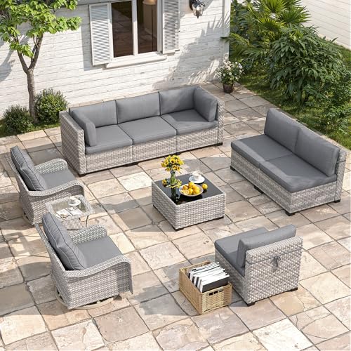 8-Seat Modern Patio Furniture Set with Swivel Rocking Chairs, Thick 4″ Cushions, Dual-Strand Wicker Rattan, Rust-Resistant Steel Frame – Outdoor Conversation & Modular Sectional,Black