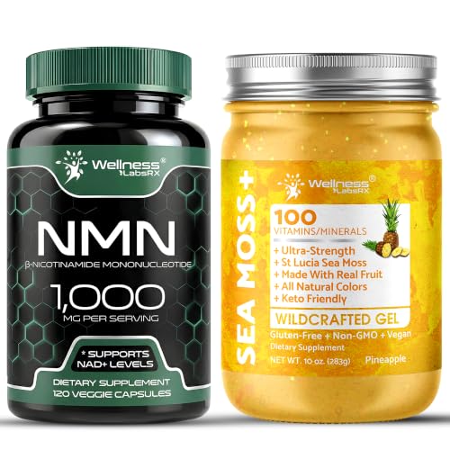 NMN Capsules and Sea Moss Gel Bundle, Pineapple, 2 Piece Set | 1000mg Nicotinamide Mononucleotide with Wildcrafted Irish Seamoss, Energy & Anti Aging