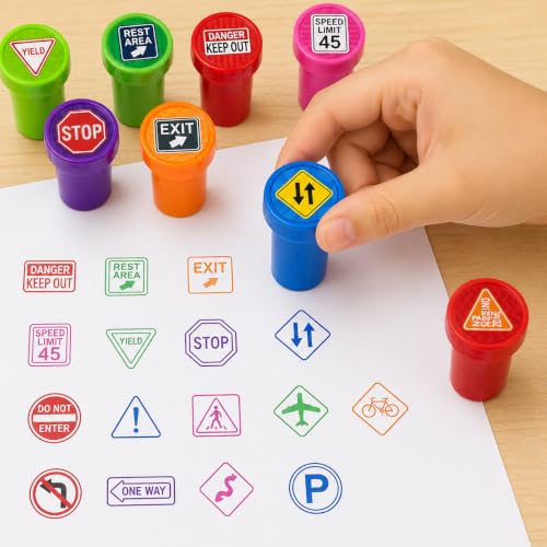 image for Cinrobiye 24 Pcs Traffic Sign Stampers Party Favor Set, Cute Road Safe