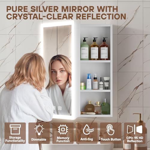 خزانة مراة حمام تثبت على الحائط من تيانكينوك - خزانة مراة قابلة للتعتيم مع اضواء LED - خزائن حمام مع وظيفة ذاكرة مضادة للضباب - ارفف قابلة للتعديل ومستشعر لمس وتخزين مخفي