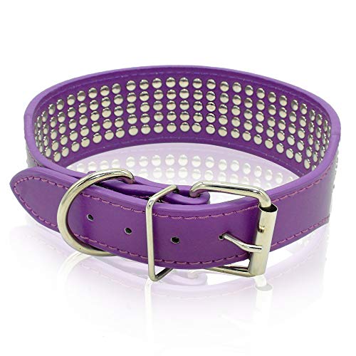 Berry Pet Rhinestones Dog Collars - 5 Rows Full Sparkly Crystal Diamonds Studded Pu Leather - 2 Inch Wide -Beautiful Bling Pet Appearance For Medium & Large Dogs,19-22" Purple #TOP2