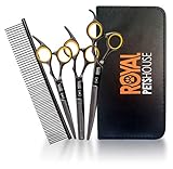 🐾 Kit de peluquería 4 en 1 🐾 El kit de peluquería para perros y gatos satisface todas las necesidades de peinado o corte de pelo de su gato o perro, ya que el kit de tijeras de peluquería está equipado con 1 tijera recta de 15,5 cm, 1 tijera de adelgazamiento de 15,5 cm, 1 x Tijera curva de 18 cm, 1 peine para el cabello, 1 paño de limpieza y viene en una funda de cuero