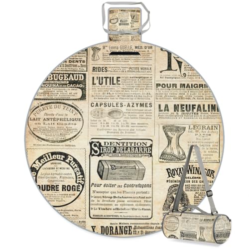 Shimoshe Vintage Newspaper Picnic Outdoor Blanket Foldable Waterproof Sandproof Beach Blanket Portable Water-Resistant Round Picnic Mat for Travel Camping Park Lawn