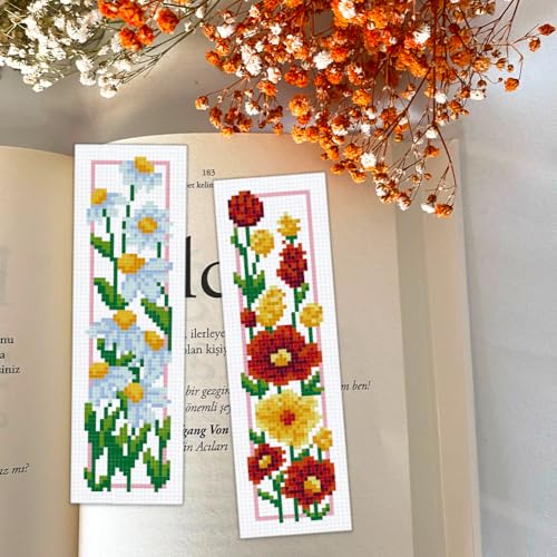 Image of BEUNITONE 6 Set Floral Bookmark Cross Stitch Kits for Beginners with Instructions Floral Bookmarks Cross-Stitch Kit Stamped Embroidery Bookmark DIY Crafts Book Marker for Book Lovers 8''x2.4'' 11CT