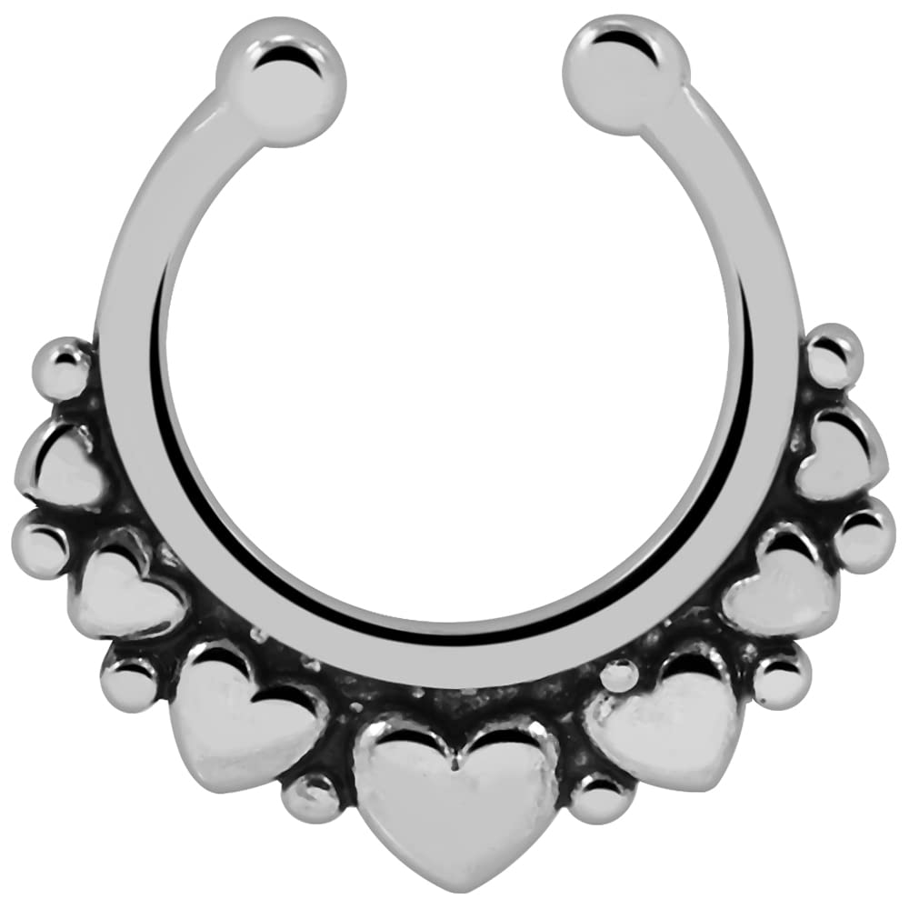 PiercingPointOxidized Multi Hearts Design 14 Gauge (1.6MM) 316L Surgical Steel Non Piercing Fake Clip on Septum Ring - Nose Septum Ring