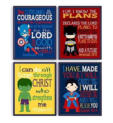 Superhero Christian Nursery or Kids Room Decor Set of 4 Unframed Prints with Bible Verses