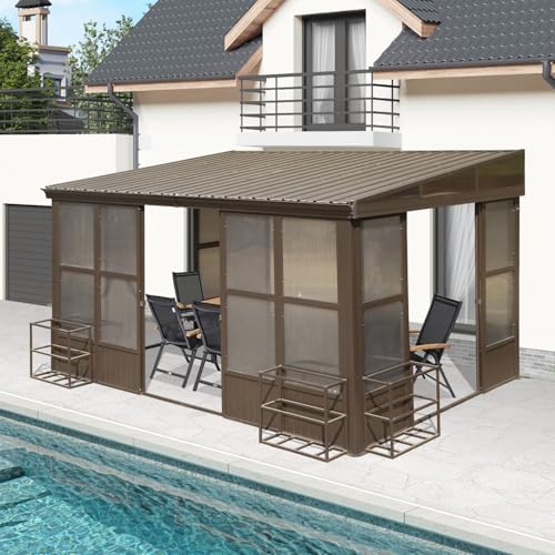 Domi 10x14FT Wall-Mounted Sunroom Gazebo, Aluminum Solarium with Galvanized Steel Sloping Roof, Detachable PVC Screens, Front & Side Sliding Doors, Outdoor Sun Room Lean to Gazebo for Patio Deck Lawn