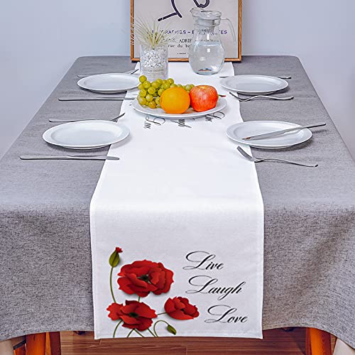Poppy Flower Cotton Linen Table Runner Dresser Scarves,Art Red Poppies Flower Live Laugh Love Table Runners For Dinning Table,Farmhouse Kitchen Decor,Holiday Dinner Decoration-13X36 Inch #TOP3