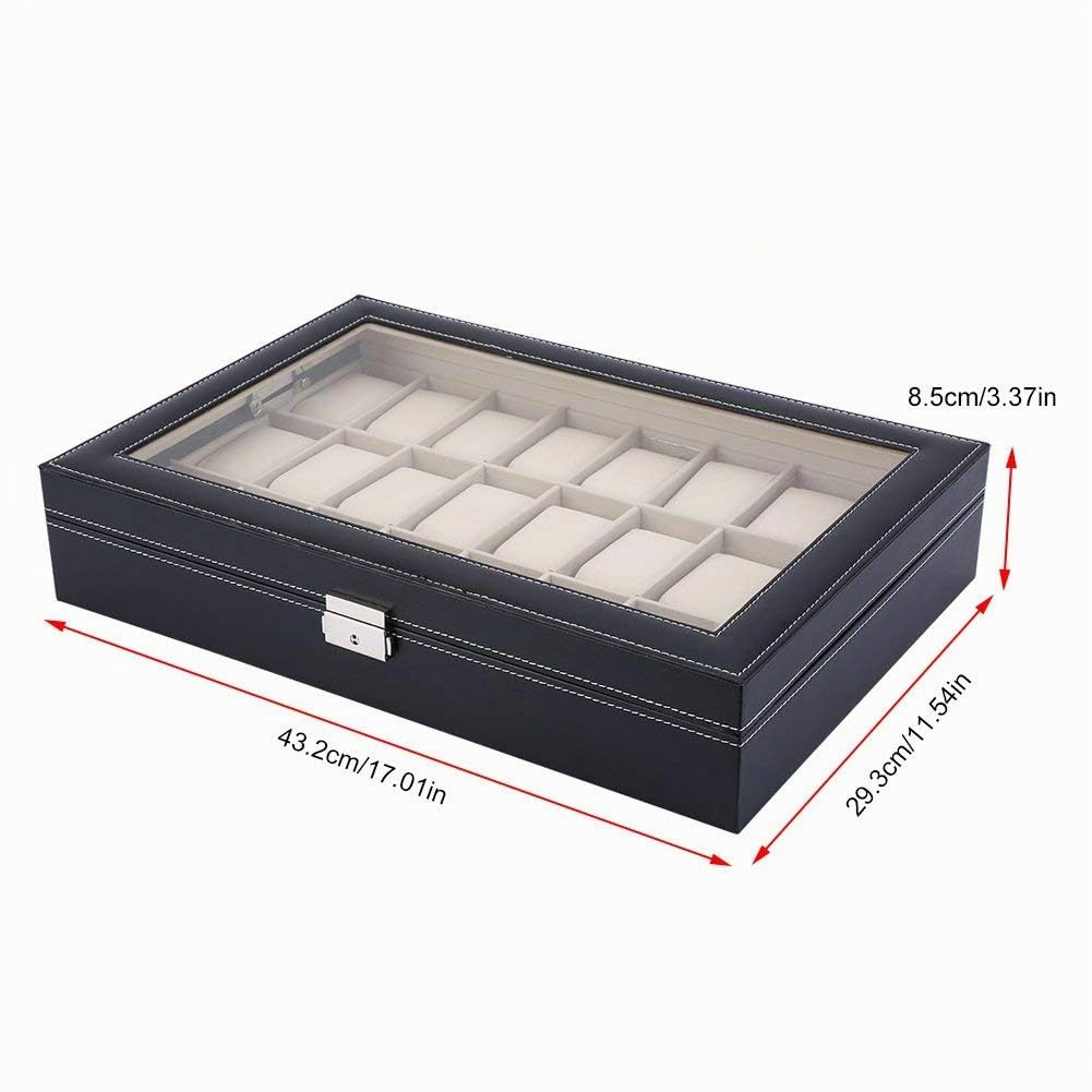 Ejoyous Caja para relojes para 24 relojes, caja para relojes, caja para guardar joyas, caja de reloj con cerradura de metal y cojín para reloj, tapa de cristal, 43 x 29 x 8,5 cm