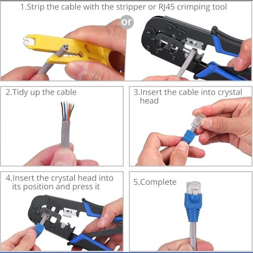 Image of RJ45 Networking Crimping Tool Kit - Meshiv Crimping Machine for Cat6A, Cat5E, Cat5, Ethernet - 50PCS RJ45 Connector, Network Lan Tester, Cut and Strip Tool (4 in 1 Tool Kit)