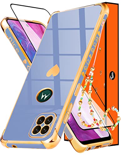 Shorogyt Phone Case for Motorola One 5G Ace & One 5G UW Ace 2021, Cute Aesthetic Love Hearts Pattern, Dark Blue, TPU Material, Basic Case with Screen Protector & Gold Heart Wrist Chain