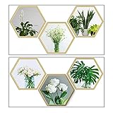 Hexagon Gold Trim Plant Flowers Art Magic Pictures Peel and Stick 3D, 2 Sheet Vinyl Removable Wall Stickers Decals, Decorative PVC Home Decor for Living Room Bedroom TV Sofa Backdrop