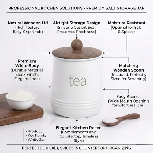 Image of Stylish Airtight Container for Kitchen, Tea Storage White, Metal with Wooden Lid & Spoon, 1000ml, Canister for Kitchen Counter top | Food-Safe Jar Set (Tea)