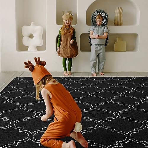 Amearea Fluffy Indoor Trellis Rug, Soft Moroccan Home Rugs for Bedroom, Shag Modern Area Rug for Living Room Kids Room Nursery, Easy Clean, Home Decor Low Pile Carpet, Black 4x6 Feet