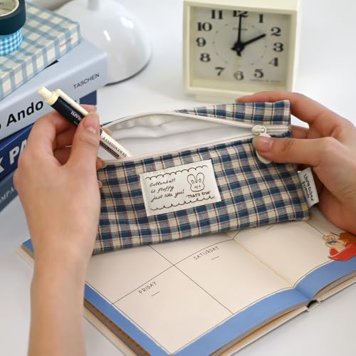 Image of Monolike Unmatched Friends Fabric Check Pencil Case Series. 2, Vintage blue - Pencil Pouch, Portable Pencil Bag, Pencil Case, Office Pouch case, Cushion, Soft, Vintage