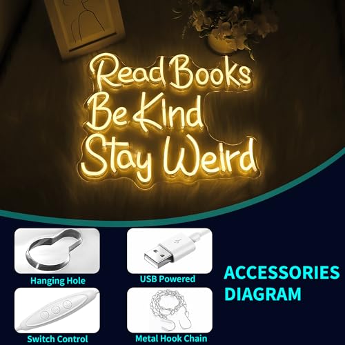 Image of Neon Sign, JGHTURIE Read Books Neon Signs for Wall Decor Warm White Led Lights Signs for Classroom Office Library Bookshop Study Room Decoration USB Powered