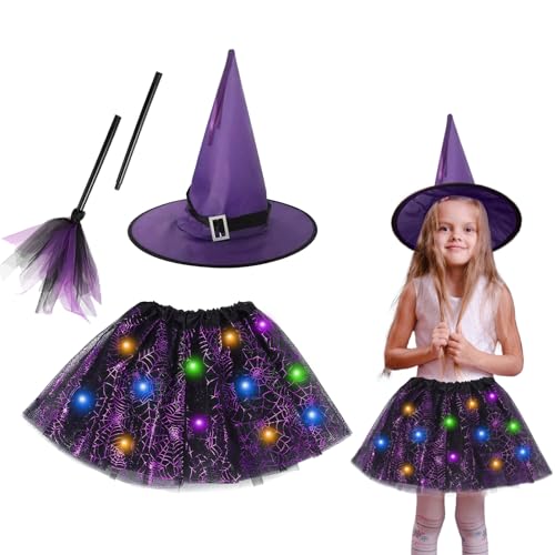 KEELYY Hexenkostüm Kinder Halloween Hexe Kostüm Mädchen mit Lichter 3-teiliges LED Tutu Tüllrock mit Hexen Hut und Besen Hexen Rock für Halloween Fasching Karneval Party