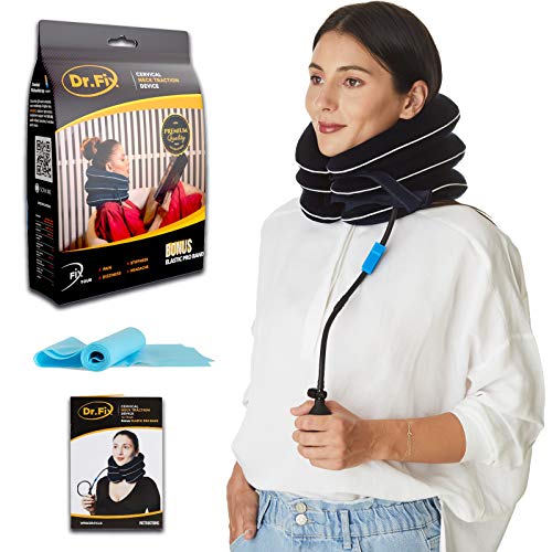 Dr Fix Cervical Neck Traction Device for Instant Neck Pain Relief at Home | Elastic Band (Dark Blue, 17-20)
