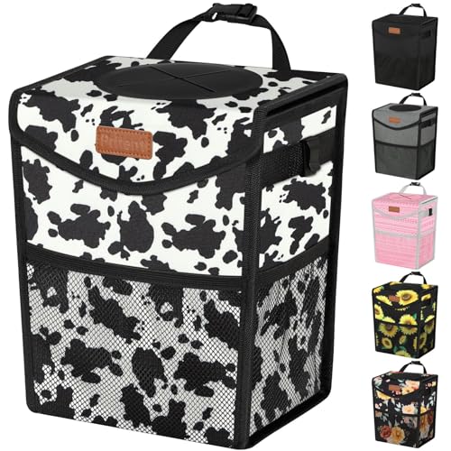 Image of Pritent Car Trash Can with Lid, Cute Leakproof Car Trash Garbage Bag Hanging Vehicle Trash Bin Small Portable Automotive Garbage Cans Organizer for Back/Front Seat/Console(Trapezoid,Cow Print)