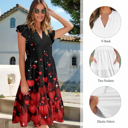 Image of Women's Casual Ruffle Sleeve Dress V Neck Pullover Dress Flowy A-Line Pleated Lightweight Dress with Pockets
