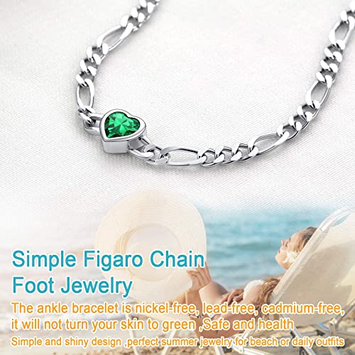 Silvercute May Birthstone Ankle Bracelet 925 Sterling Silver 3Mm Figaro Chain Anklets For Women, 8.5"-10.5" #TOP2