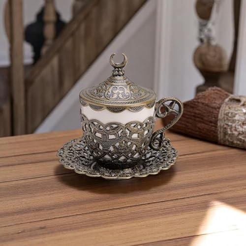 Alisveristime (1 Pc Turkish Coffee Cup - Traditional Design with Crescent Motif, Porcelain Cup and Saucer for Turkish, Greek, Arabic Coffee and Espresso (Gelincik) (Antique Green)