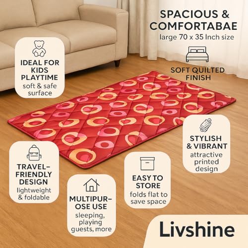 Image of Livshine 70 x 35 Inch Foam Floor Mattress - 1-Inch Thick Quilted Mat for Kids Play, Travel, Camping & Guest Use | Lightweight & Easy to Store