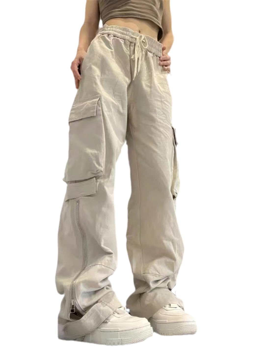 Fjnbbiot Pantaloni Cargo retrò Donna Tasche Vintage Pantaloni Larghi Pantalone Gamba Larga Femminile