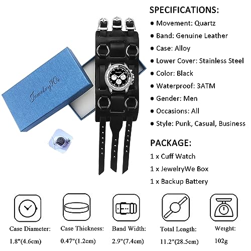 Jewelrywe JW800035W Black Hip-Hop Gothic Punk Style Men Watch Wide Leather Fashion Cuff Wristwatch thumb #5