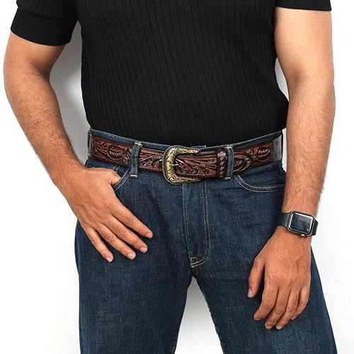 Handmade Full Grain Leather Tooled Western Belt – Floral & Basketweave Design – Interchangeable Buckle4