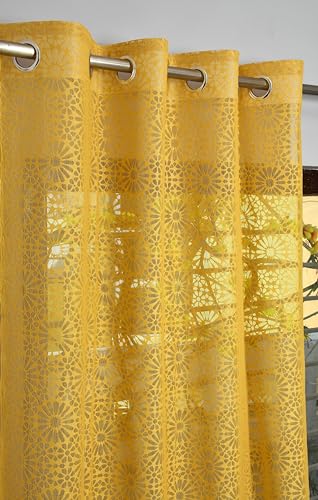 Image of Fabrilia Geometric Pattern Window Net Curtains 5 feet Long Set of 2 for Living Room /Bedroom, Yellow