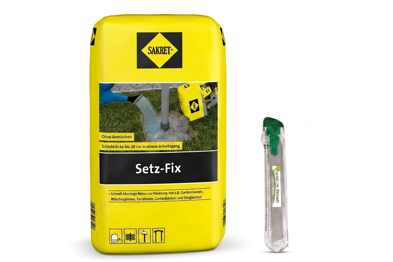 Setz-Fix Schnellbeton 25 kg inkl. Sacköffner | Blitzbeton härtet in 5 Min | Montagebeton für Zaunpfähle, Pfosten & Fundamente | Grau, frostbeständig, Innen & Außen