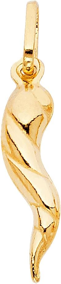 14K Yellow Gold Twisted Cornicello Italian Fortune Horn Charm Pendant with 1.2mm Singapore Chain Necklace - Image 2