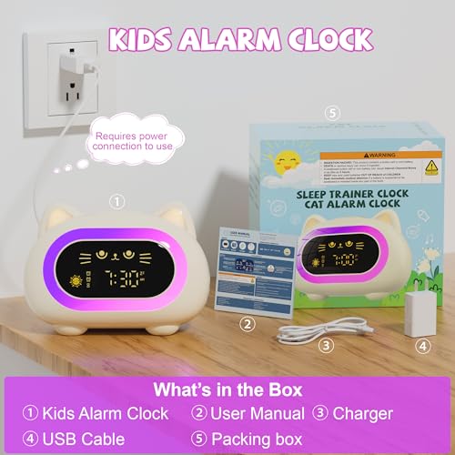 Image of Kids Alarm Clock Toddler Sleep Training Clock with 10 Night Lights, White
