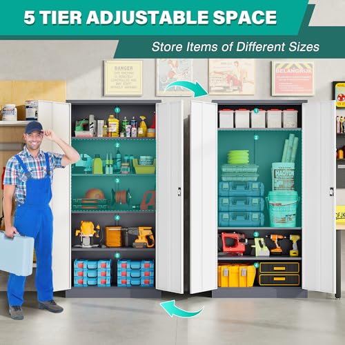 Image of Wide & Deep Metal Storage Cabinet with Shelves,72 inch Tall Garage Storage Cabinet with Lock,Gray White Metal Cabinets with Locking Doors,Large Steel Lockable Cabinets for Home,Office,Shop,Garage