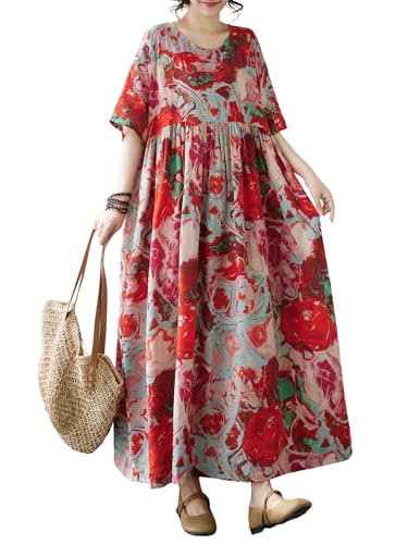Oversized Dress for Women Summer Vacation Flowy Floral Print Round Neck Short Sleeve Plus Size Boho Dress with Side Pockets