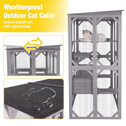 Image of 71.1'' Large Outdoor Cat Catio Enclosure, Multi-Level Cat House with Platforms & Resting House, Weatherproof Solid Fir Wood Cat Patio with Asphalt Roof, for Indoor-Outdoor Access, Fit 2-6 Cats, Grey