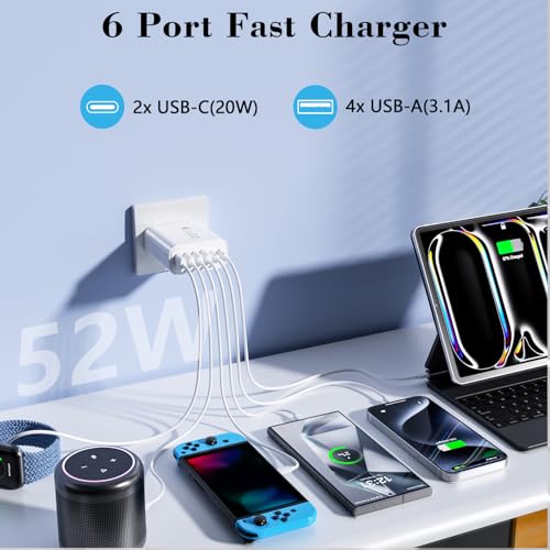 Image of USB Wall Charger Block, 70W 6-Port( 2USBC+4USBA) Fast Charging Block, USBC Multiport Wall Plug for iPhone 17 /16 /15 /14 /13 /12, Samsung S25 /S24 /S23,Universal Power Adapter