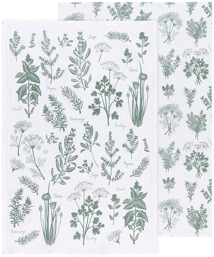 Image of Now Designs Fresh Herbs Elm Green Floursack Dishtowels Set of 2, 100% Cotton, W20 x L30in, Extra Soft Kitchen Linens