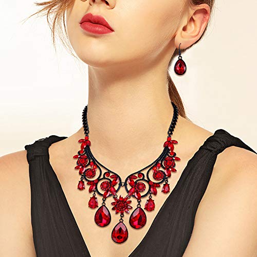 Brilove Women's Tribal Ethnic Crystal Chunky Statement Necklace Dangle Earrings Set Ruby Color Black-Silver-Tone #TOP2