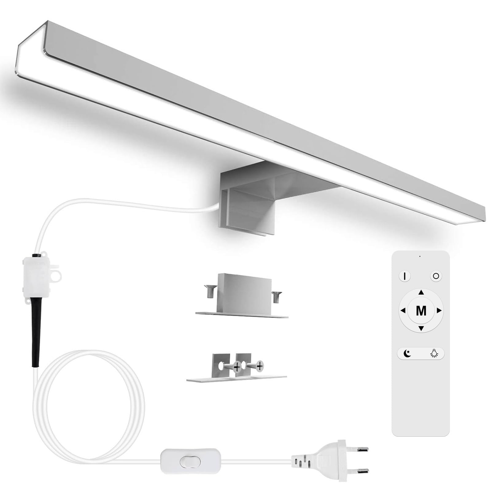 Karrong Lampada da specchio da bagno, 40 cm, con interruttore, telecomando, dimmerabile, 3000 K, bianco caldo, 4000 K, bianco naturale, 6000 K, IP44, impermeabile, per bagno, alluminio, 1200 lm, 12 W,