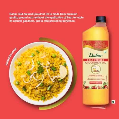 Image of Dabur Pure & Unrefined Cold Pressed Groundnut Oil | 1L | Naturally Cholesterol Free | 1L | Rich Aroma & Flavour of Authentic Groundnuts | Contains Natural Antioxidants | Finest Quality Groundnuts | Naturally Rich in Unsaturated Fats