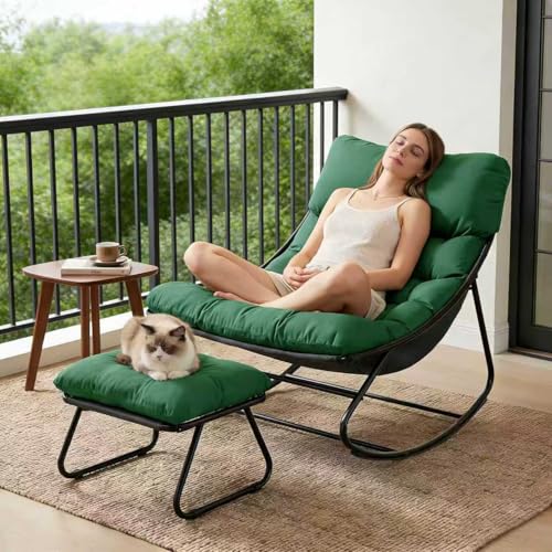 Fauteuil a Bascule avec Tabouret, Rocking Chair pour Intérieur, Extérieur, XXL Chaise a Bascule, Capacité 150 kg, Chaise à Bascule avec Coussin Rembourré,...