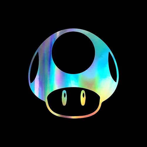 Mario Up - Calcomanía de vinilo con diseño de hongos para ventana de coche, portátil, 4 x 4 pulgadas (holográfica)