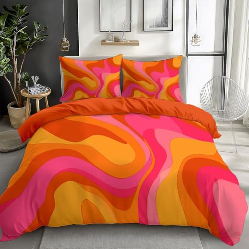 Reversible Bedding Set Duvet Cover Set Cot-bed for Kids Toddler- Funky Retro Geometry Lines Printed Quilted Comforter Cover with 1 Pillowcases, Orange, Microfiber, Zipper Closure, 2 Pieces