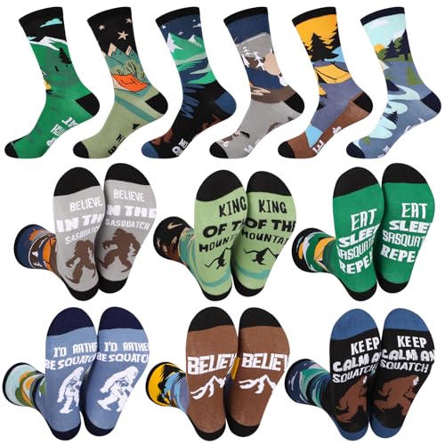 scenicamp 6 Pairs Funny Bigfoot Socks for Men Novelty Outdoor Athletic Crew Socks with Cool Sasquatch Pattern Bigfoot Fathers Day Gifts Stocking for Dad Sasquatch Lover Gift