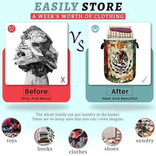 Image of Retro Mexican Flag Laundry Basket Oxford Cloth Hamper 18.9x16.5 Inch | Foldable With Handle Tote Bag Mexican Cactus Laundry Hamper Clothes Storage Bucket Toy Organizer For Bathroom /Laundry /Bedroom
